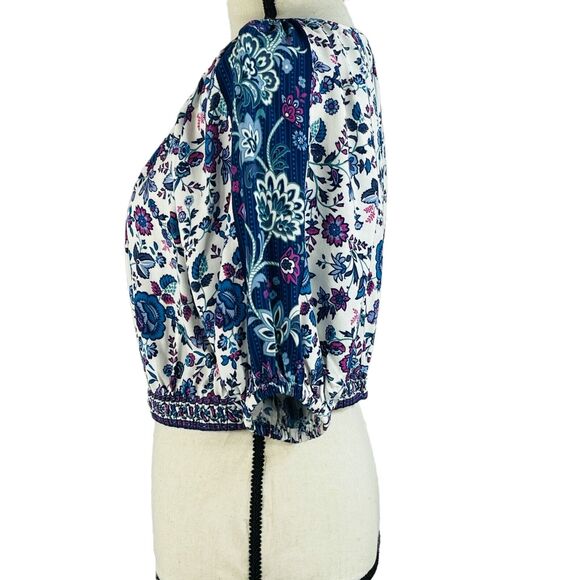 Joie Medium Crop Top Boho Floral Balloon Sleeves Keyhole Neck Elastic Waist Blue - Picture 6 of 8